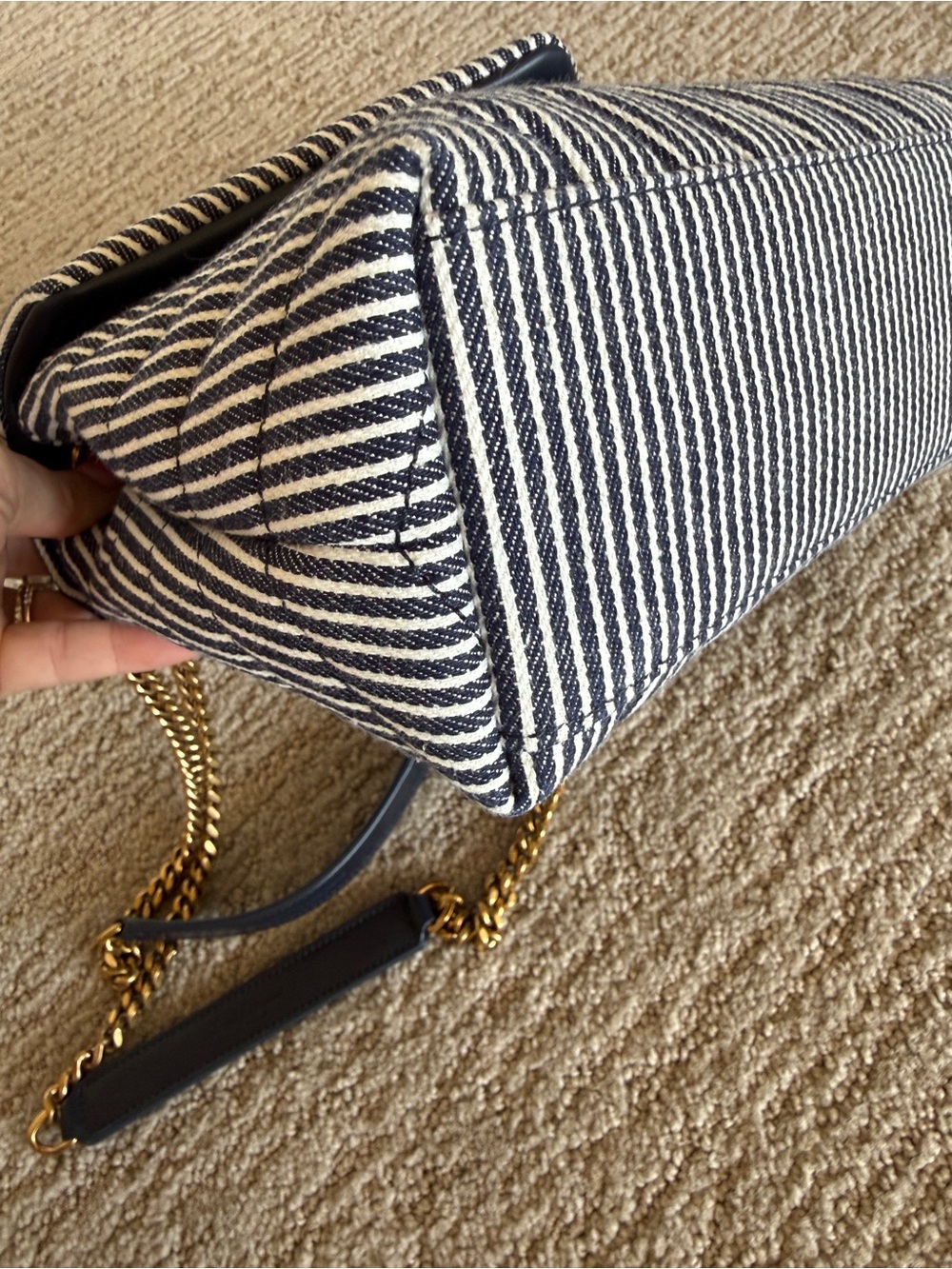 Saint Laurent Navy and White Striped Denim Small Loulou Shoulder Bag - Picture 8 of 12